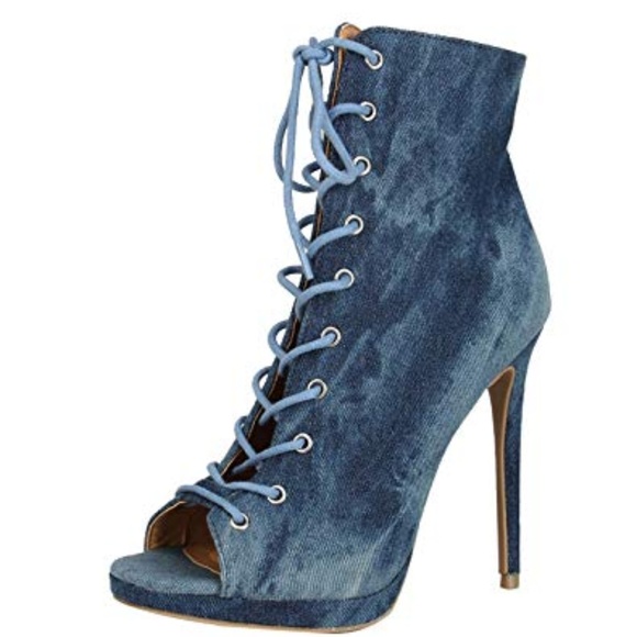 Wild Diva Shoes - CLEARANCE Denim Lace Up Stiletto Bootie